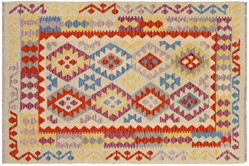 Flat Weave Kilim, Antique, Navaho, Vintage, Handmade, Geometric Kilim Blue Rust Hand-Woven Rectangle 100% Wool Area Rug 4 x 5